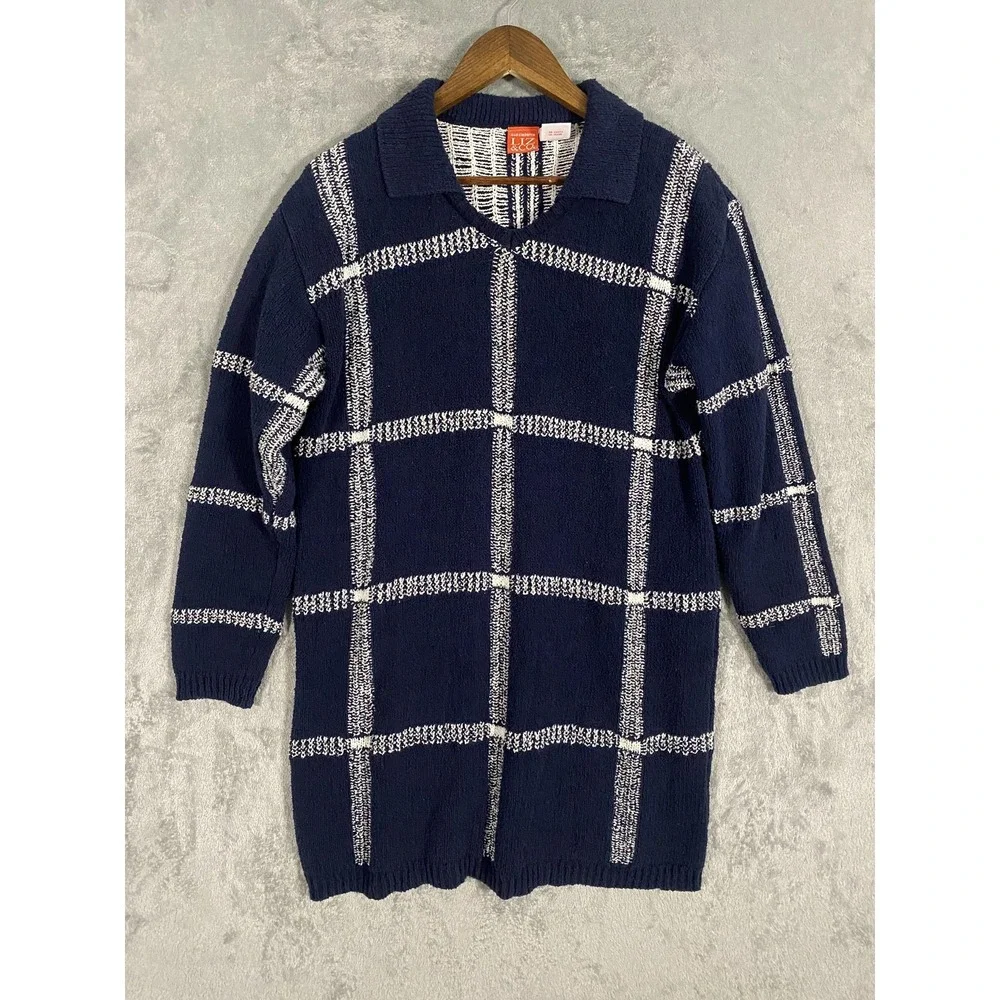 Vintage Liz & Co Sweater Womens Medium Navy Windowpane Tunic Classic Preppy‎